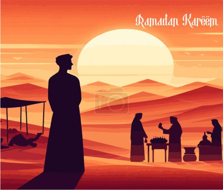 A lone Arab figure stands against a desert sunrise, palm trees sway by a bustling marketplace with traditional houses, a silent observer amidst the morning trade. In Ramdan