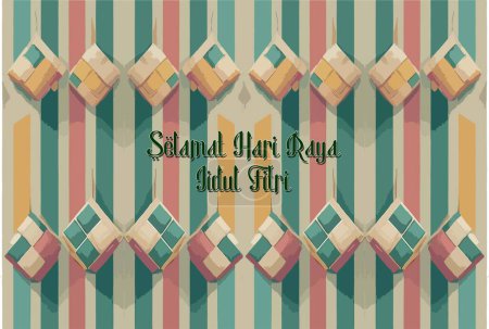 Celebrando Lebaran o Eid Mubarak con diseños de ketupat de colores sobre un fondo rayado. El texto en la imagen lee Selamat Hari Raya Idul Fitri que significa Feliz Eid al Fitri