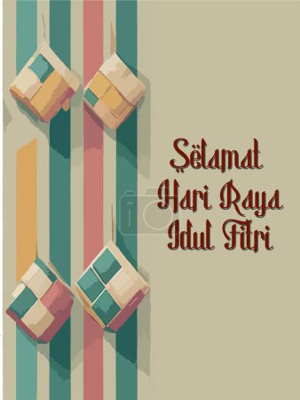 Celebrando Lebaran o Eid Mubarak con diseños de ketupat de colores sobre un fondo rayado. El texto en la imagen lee Selamat Hari Raya Idul Fitri que significa Feliz Eid al Fitri
