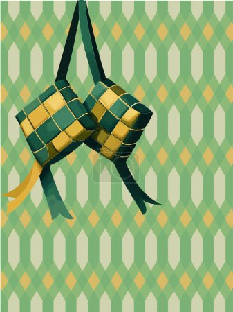 Lebaran feiert mit lebendigen Ketupat-Designs auf grünem Hintergrund. Text auf Indonesisch lautet Selamat Hari Raya Idul Fitri, was Happy Eid al Fitr bedeutet.