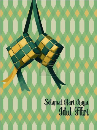 La celebración de Lebaran cuenta con diseños de ketupat vibrantes sobre un fondo verde. Texto en indonesio lee Selamat Hari Raya Idul Fitri que significa Feliz Eid al Fitr.