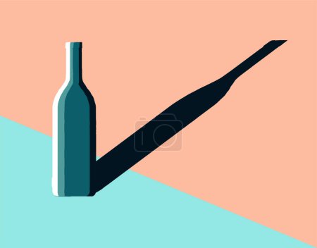 A simple illustration of a wine bottle casts a long shadow on a two toned background of pink and blue.