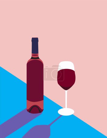A minimalist illustration features a bottle of wine and a glass of red wine against a split pink and blue background.