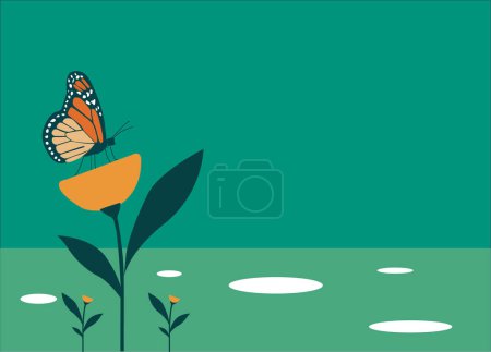 A colorful butterfly with orange wings rests on a bright orange flower with a green leafy background.