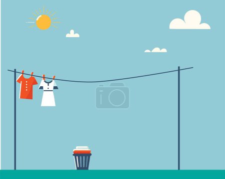 a clothesline strung between two posts, with two kinds of clothing hanging on it to dry in the sun. There is a laundry basket in the background.