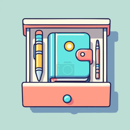 Illustration for Illustration in 90s style of A partially open wooden drawer containing a spiral notebook, a blue pen, and a yellow pencil. - Royalty Free Image