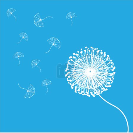 Ilustración de Un primer plano de una cabeza de semilla de diente de león con sus semillas blancas y esponjosas soplando sobre un fondo de cielo azul brillante. - Imagen libre de derechos