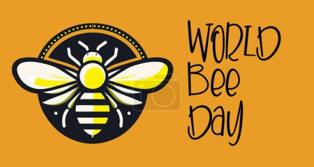 A rectangle with the text World Bee Day written around a yellow and black bee. Logo Illustration