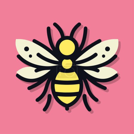 Nahaufnahme einer schwarz-gelben Biene mit Pollen an den Beinen, die auf einem leuchtend rosa Hintergrund hockt.