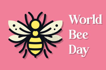 Eine digitale Illustration einer Biene auf rosa Hintergrund mit dem Text Weltbienentag darunter. Logo-Illustration