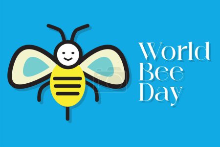 Imagen vectorial de una abeja sobre un fondo azul claro con el texto Día Mundial de las Abejas escrito en él.