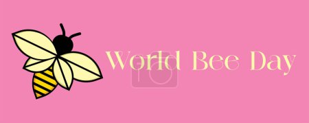 Vector image of a bee on a pink background with the text World Bee Day written on it. Illustrations vector.