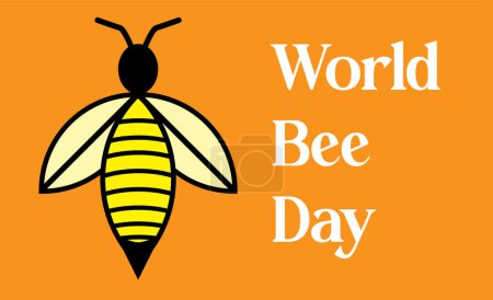 Imagen vectorial de una abeja sobre un fondo naranja con el texto Día Mundial de las Abejas escrito en él. Ilustraciones vector.