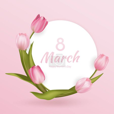  Greeting card for Women's Day 8 March. Spring flower realistic pink tulip vector illustration. Round frame. Flowers template, floral background, international women day flyer, modern banner design.
