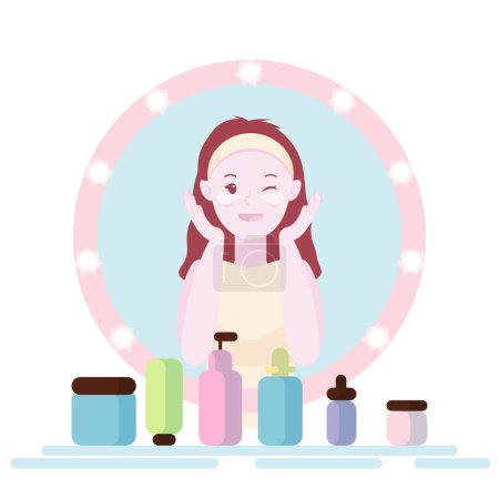 Illustration for Skin cleansing vector illustration, cute girl wash her face and using SPF cream. Glowing skin, trendy glass skin effect. Body care and SPA. Looking in the mirror. Beauty and cosmetics concept - Royalty Free Image