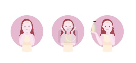Illustration for Skin cleansing vector illustration, cute girl wash her face in three steps. Using SPF cream, lotion. Making glass skin, shining effect. Body care and SPA. - Royalty Free Image