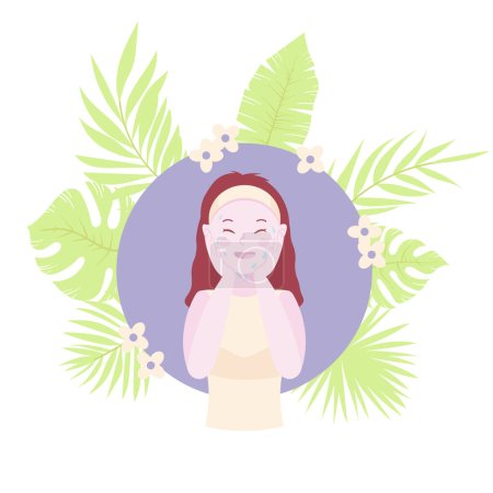 Illustration for Skin cleansing vector illustration, cute girl wash her face. Body care and SPA day routine. Tropic leaves and flowers on background. Beauty and cosmetics concept. - Royalty Free Image