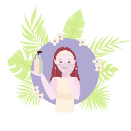 Illustration for Skin cleansing vector illustration, cute girl wash her face and using SPF cream. Glowing skin, trendy glass skin effect. Body care and SPA. Tropic leaves on background. Beauty and cosmetics concept. - Royalty Free Image