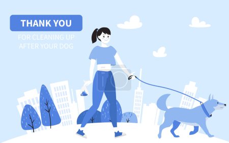 Téléchargez les photos : Merci de nettoyer après votre chien. Fille marchant avec chien akita, vue sur la ville avec des gratte-ciel, des maisons, des arbres. Collecter des crottes de chiens dans un sac, illustration vectorielle en couleurs bleues. - en image libre de droit