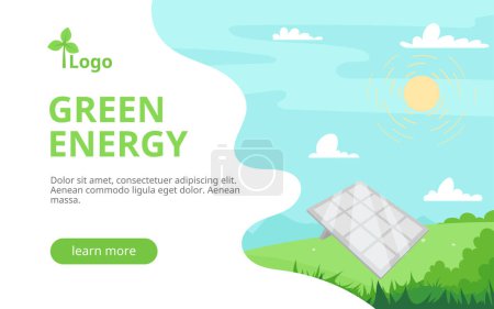 Illustration for Meadow landscape banner. Solar PV panel power plant station. Renewable energy sources, sustainable photovoltaic solar energy generation with sun on summer background with blue sky, green grass. - Royalty Free Image