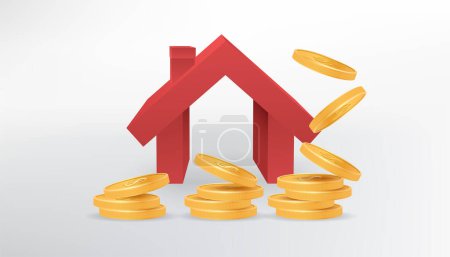 Téléchargez les photos : Image vectorielle 3D réaliste d'un petit modèle de maison rouge avec des piles de pièces d'or. L'argent tombe. Croissance de la richesse financière. Parfait pour l'immobilier, la propriété et l'investissement - en image libre de droit