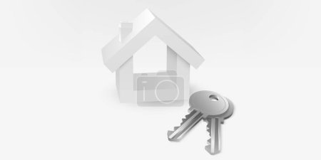  3D-Illustration eines weißen Hauses mit Metallschlüssel. Perfekt für Immobilien, Immobilien und Wohnprojekte