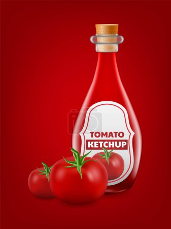 Téléchargez les photos : Illustration vectorielle 3D réaliste avec une bouteille en verre de ketchup aux tomates fraîches et délicieuses. Parfait pour les créations liées à la nourriture, aux collations ou aux boissons. Pour maquettes ou présentation de ketchup tomate - en image libre de droit