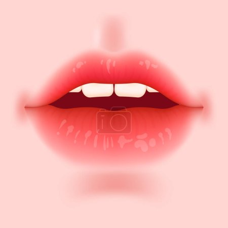 Illustration for Realistic, plump lips with a matte red lipstick. Health and glamour of the skin. Perfect for beauty care, makeup, and sensual designs. Korean makeup on pale beige skin. Open mouth with teeth. - Royalty Free Image