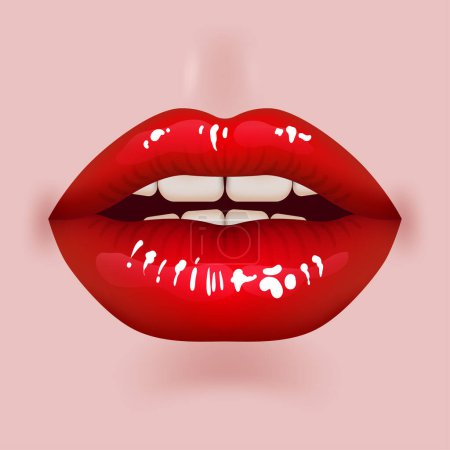  3D realistische, pralle Lippen in leuchtendem Rot. Diese saftigen und glänzenden Lippen strahlen Sinnlichkeit und Begierde aus. Perfekt für kosmetische, modische und romantische Designs. Offener Mund mit Zähnen, Lippenstift-Werbung