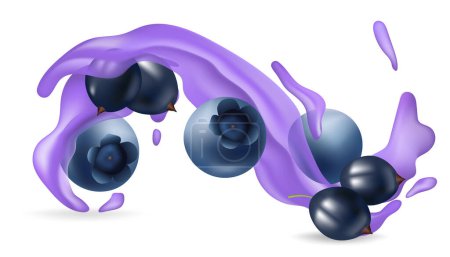 Téléchargez les photos : Une illustration vectorielle réaliste de baies juteuses avec une éclaboussure violette de liquide. Les bleuets et les groseilles créent une ambiance estivale douce et fraîche. Illustration de fruits pour les dessins d'aliments et de boissons. - en image libre de droit
