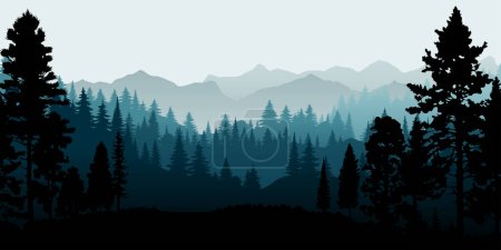 Téléchargez les photos : Une belle illustration vectorielle d'un paysage forestier brumeux avec des conifères en silhouette. Les arbres à feuilles persistantes, les montagnes et l'environnement naturel parfait pour les milieux de la nature, la faune - en image libre de droit