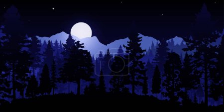 Téléchargez les photos : Illustration vectorielle d'un magnifique paysage forestier nocturne avec des arbres silhouettés, un ciel sombre, des étoiles et une lune éclatante. Parfait pour les fonds d'écran et les dessins. - en image libre de droit
