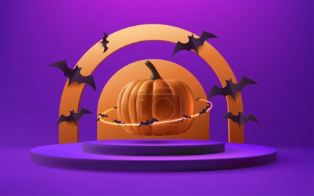 Téléchargez les photos : Joyeux Halloween violet vente bannière avec illustration vectorielle 3d. Un podium scénique effrayant avec des citrouilles sculptées, des chauves-souris, constitue la toile de fond parfaite pour vos promotions de vacances. Non généré AI. - en image libre de droit