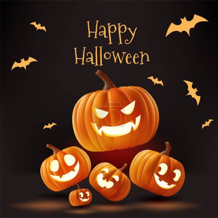 Téléchargez les photos : Joyeux Halloween 3D illustration vectorielle réaliste. Doté d'une scène sombre avec une citrouille, des chauves-souris et une atmosphère effrayante, il est parfait pour les fêtes et les promotions. Non généré AI. - en image libre de droit