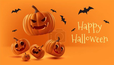 Téléchargez les photos : Joyeux Halloween 3D illustration vectorielle réaliste. Doté d'une scène avec une jolie citrouille, des chauves-souris et une atmosphère effrayante, il est parfait pour les fêtes et les promotions. Non généré AI. - en image libre de droit