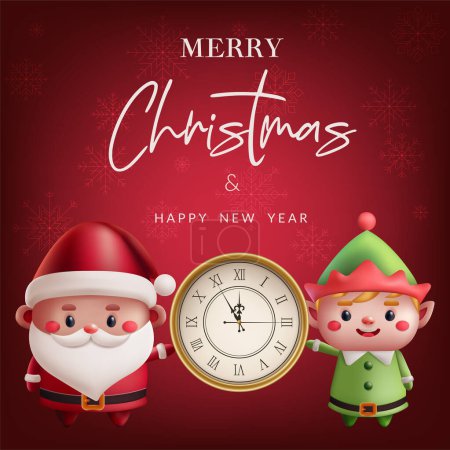 Téléchargez les photos : Jolie illustration 3D du Père Noël et de l'elfe avec une horloge pour le Nouvel An et Noël. Des personnages heureux dans une bannière rouge festive. Idéal pour les salutations et les décorations de vacances. Non généré AI. - en image libre de droit