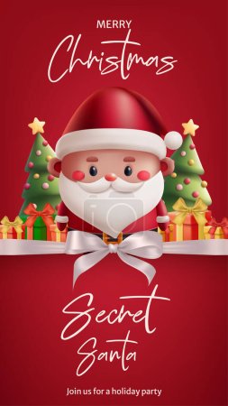 Cartoon 3D Santa illustration for a festive Secret Santa banner invitation. Fun and cute holiday design with realistic elements. Perfect for Christmas celebrations. Not AI generated