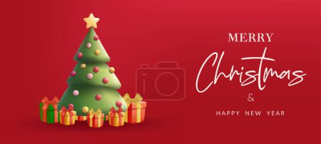 Téléchargez les photos : Joyeux Noël Illustration 3D d'un sapin festif avec des cadeaux, dans un design réaliste. Parfait pour les cartes, bannières et décorations de vacances. Non généré AI. - en image libre de droit