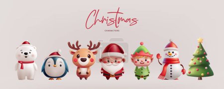 Téléchargez les photos : Illustration de Noël set mignon personnages 3D. Père Noël, un renne, un elfe, un pingouin, un ours polaire, et un bonhomme de neige, arbre de Noël. Parfait pour les salutations et les décorations de vacances. Non généré AI. - en image libre de droit