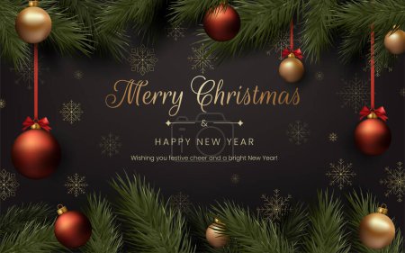 Illustration for A festive Christmas card with a decorative design. Golden balls, a black background, and elegant text, joyful and merry atmosphere. For holiday celebrations and greetings. Not AI generated. - Royalty Free Image