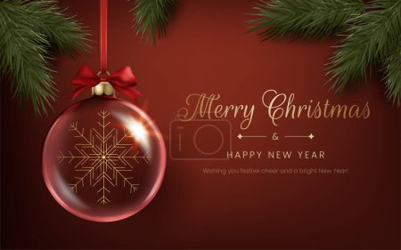 Téléchargez les photos : Une boule de Noël transparente avec un flocon de neige à l'intérieur, luxueuse illustration en or. Joyeux Noël et bonne année bannière rouge avec des branches de pin vert. Non généré AI. - en image libre de droit