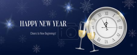 Banner realista de la noche de Año Nuevo, con un reloj, copos de nieve y champán. Decoraciones temáticas de oro y Navidad. Adecuado para invitaciones, saludos y promociones de eventos. No generada IA.
