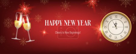 Realistic red New Year banner, featuring a clock, snowflakes and champagne. Gold and Christmas themed decorations. Suitable for invitations, greetings, and event promotions. Not AI generated.