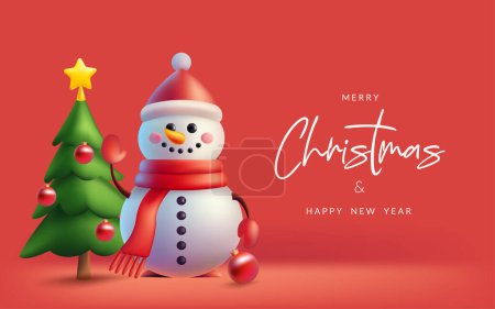 Téléchargez les photos : Illustration vectorielle 3D festive d'un bonhomme de neige et d'un pin pour la bannière de Noël. Design de vacances avec des éléments réalistes. Non généré AI. - en image libre de droit