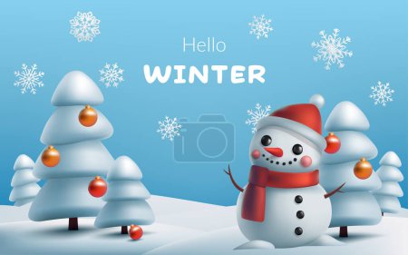 Illustration for Winter scene featuring a cute 3D snowman, pine trees, and a snowy landscape. Hello winter text Christmas theme with a festive and joyful atmosphere. Not AI generated. - Royalty Free Image