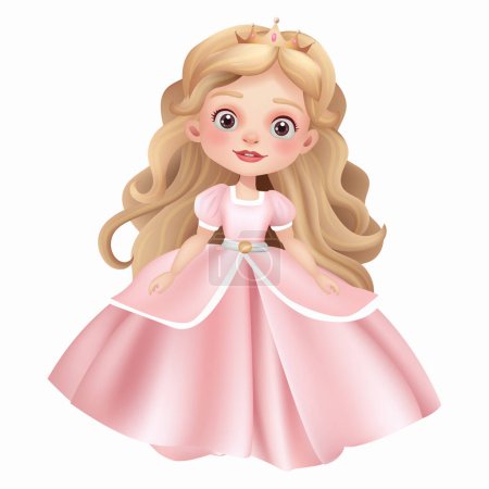 Téléchargez les illustrations : Illustration 3D d'une jolie poupée princesse avec une belle robe, une couronne et un beau visage. Princesse magique, parfaite pour les thèmes de conte de fées. Le personnage est isolé Non généré par l'IA. - en licence libre de droit