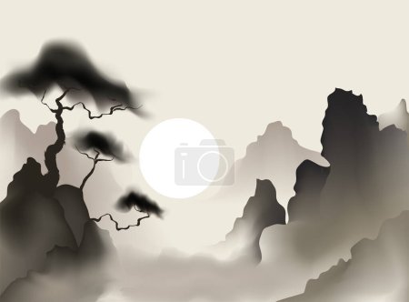 Illustration for A watercolor vector illustration of an Asian landscape, featuring misty mountains and a serene sunset. Japanese and Chinese art, minimalist design Perfect for posters, wallpapers. Not AI. - Royalty Free Image