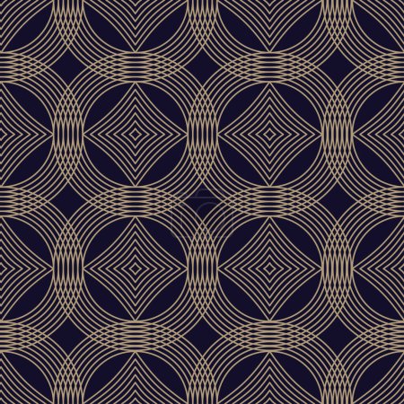 A luxurious seamless pattern in blue and gold, featuring circles ornate geometric shapes and elegant lines. Perfect for textile, wrapping paper, or background designs. Not AI.