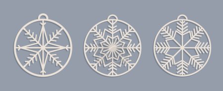 Illustration for Set of Laser cut Christmas baubles Templates. Christmas tree wood decorations balls with snowflakes - Royalty Free Image
