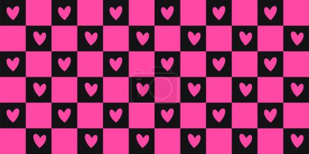 Ilustración de Y2k Emo y Goth patrones a cuadros sin costura con corazones. Fondo negro y rosa de los años 2000. Retro 90s, 00s estética - Imagen libre de derechos